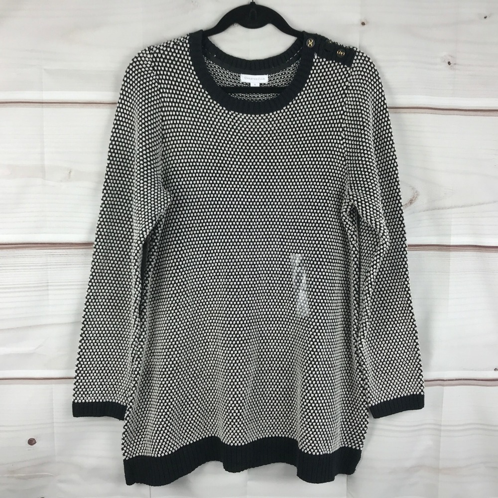 Charter Club Sweater Womens 1X Black Dot Print Pullover Long Sleeve Button Trim
